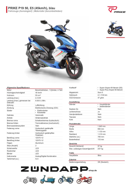 PRIKE P19 50, E5 (45km/h) blau oder schwarz