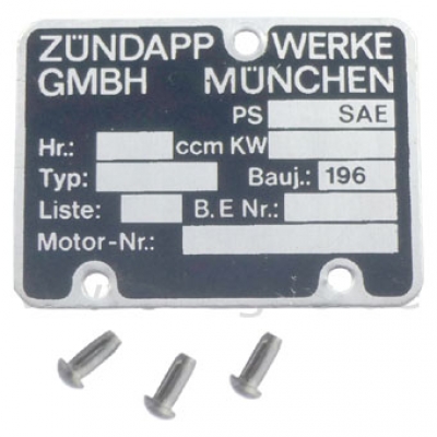 Typenschild 60er Jahre alte Version  inkl. Nieten blanco oder geprägt nach Vorgabe